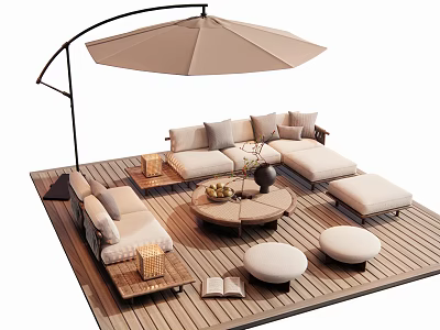 Outdoor Sofa on Wooden Deck with Umbrella Coffee Table Cushions and Stools 3d model