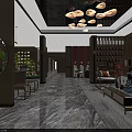 Elegant Modern Shop Front Desk With Marble Countertop Chandelier Green Plants And Sofa Seating