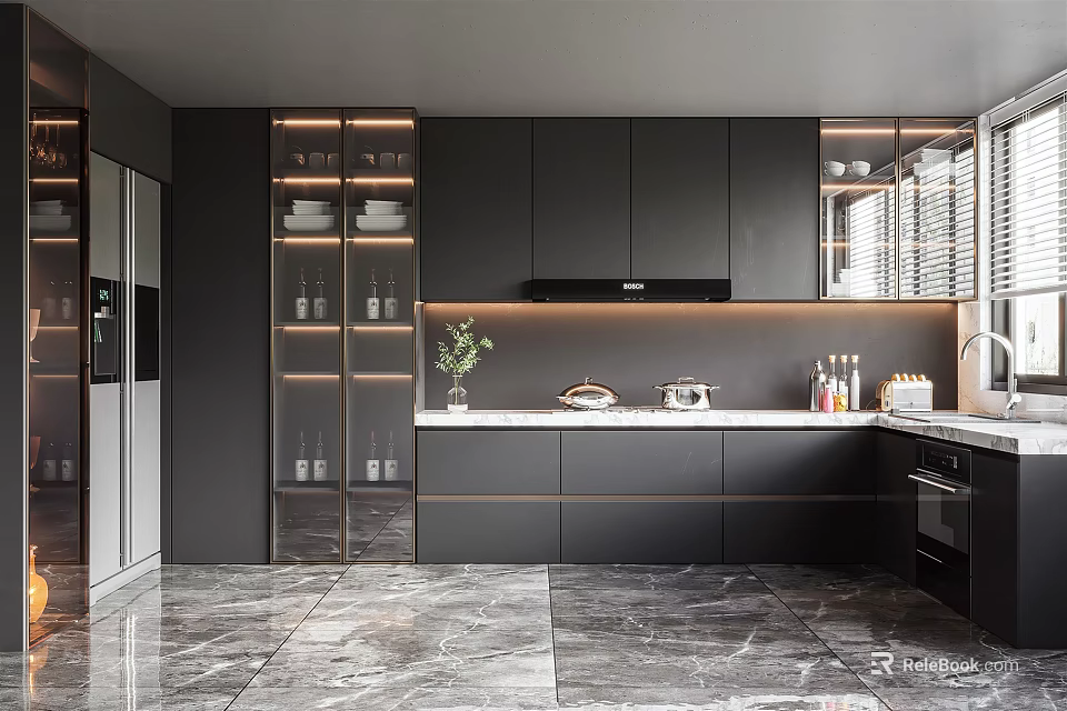 Modern Kitchen Interior With Dark Cabinets Marble Floor Under Cabinet Lighting Oven And Potted Plant 3d model 