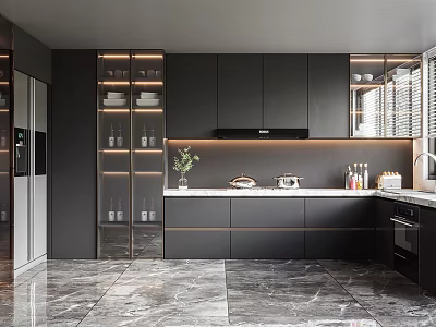 Modern Kitchen Interior With Dark Cabinets Marble Floor Under Cabinet Lighting Oven And Potted Plant 3d model