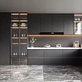 Modern Kitchen Interior With Dark Cabinets Marble Floor Under Cabinet Lighting Oven And Potted Plant