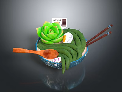 Cartoon Scene Bowl With Green Noodles Succulent And Chopsticks 3d model