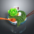 Cartoon Scene Bowl With Green Noodles Succulent And Chopsticks