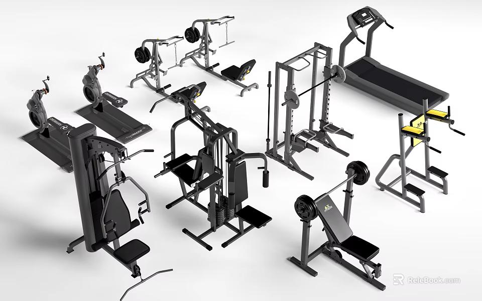 Various Gym Fitness Equipment With Treadmill Weight Bench And Dumbbells 3d model 
