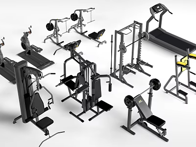 Various Gym Fitness Equipment With Treadmill Weight Bench And Dumbbells 3d model