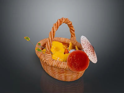 Colorful Food Items in Wicker Basket with Yellow Red Fruits and Mushroom Shaped Snacks 3d model