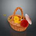 Colorful Food Items in Wicker Basket with Yellow Red Fruits and Mushroom Shaped Snacks