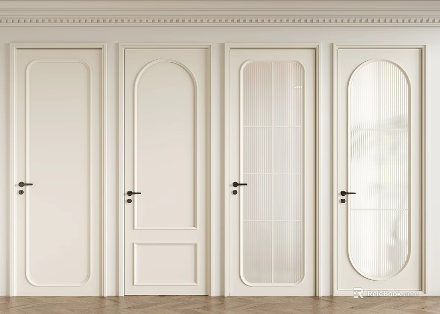 Elegant White Hinged Doors with Various Designs Arched Top and Glass Panels 3d model 