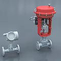 Industrial Equipment Red And White Valves With Control Unit And Pipeline Connections