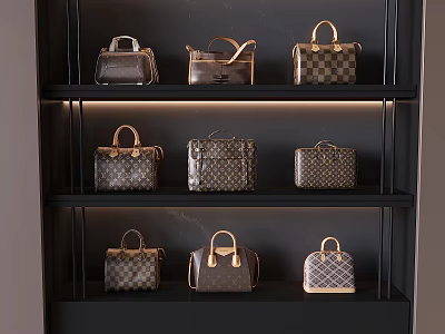 Luxury Handbags Arranged On Black Three Tier Shelves With Various Patterns And Lighting 3d model