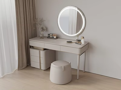 Light Luxury Vanity Table With Illuminated Mirror Drawers And Stool In Modern Style 3d model