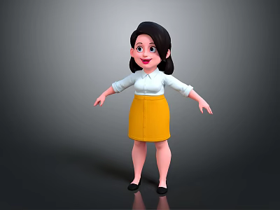 Cartoon Female Character In White Shirt Yellow Skirt With Black Short Hair And Black Shoes 3d model
