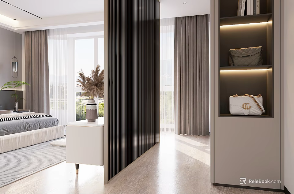 Modern Bedroom Living Area With Vertical Slat Room Divider Shelves And Natural Light 3d model 