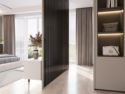 Modern Bedroom Living Area With Vertical Slat Room Divider Shelves And Natural Light 3d model