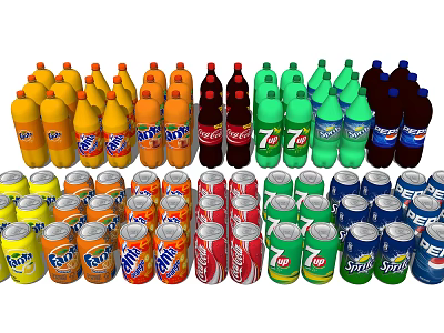 Colorful Assorted Beverage Bottles And Cans Arranged In Vibrant Display Collection 3d model