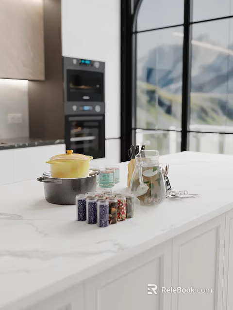 Modern Kitchen Interior With White Countertop Yellow Lid Pot Spice Jars And Knives 3d model 