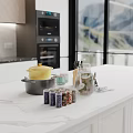 Modern Kitchen Interior With White Countertop Yellow Lid Pot Spice Jars And Knives