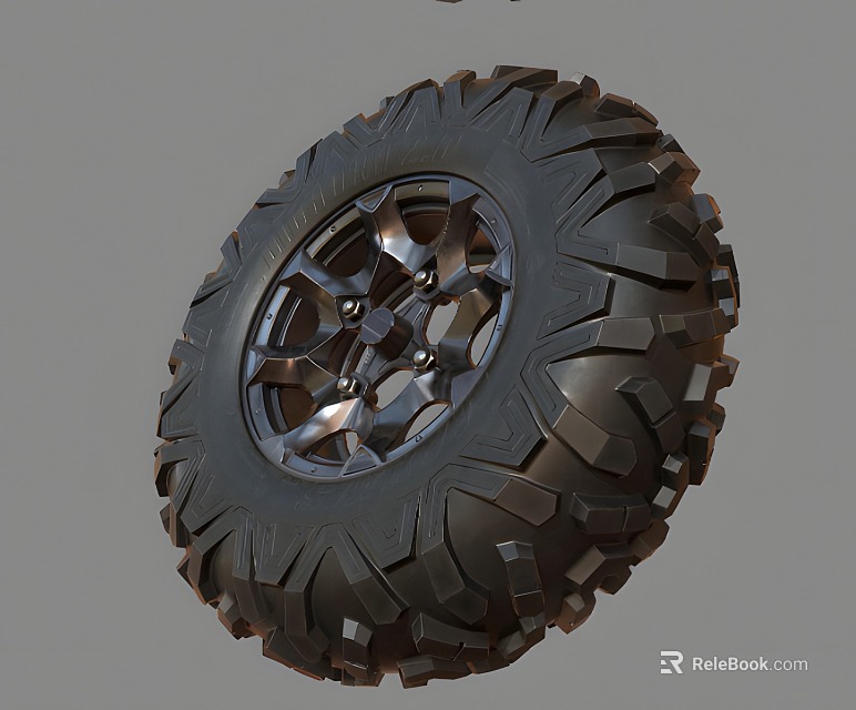 Off Road Tire With Deep Tread Pattern And Metallic Multi Spoke Wheel Rim 3d model 