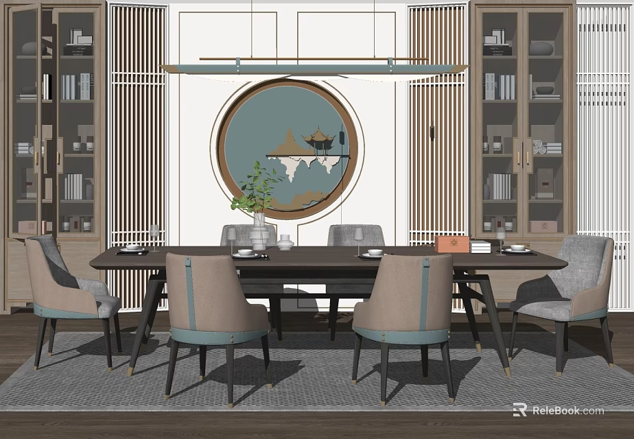 Stylish Dining Table Set With Six Grey Chairs And Circular Wall Art In Modern Interior 3d model