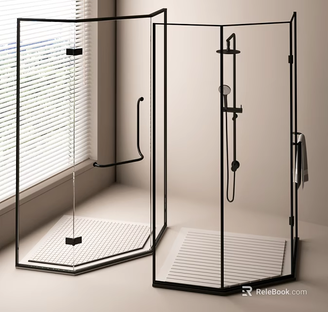 Contemporary Bathroom With Glass Shower Enclosure Window Blinds Non Slip Floor And Black Hardware 3d model 