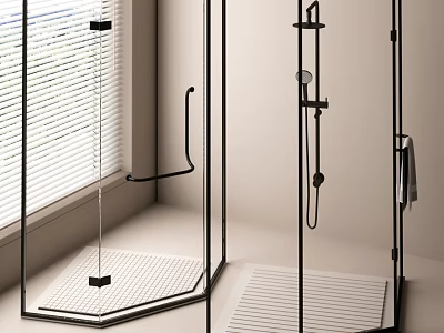 Contemporary Bathroom With Glass Shower Enclosure Window Blinds Non Slip Floor And Black Hardware 3d model