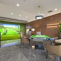 Modern Indoor Golf Fitness Training Space With Simulator Screen And Green Turf