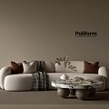 Modern White Sofa Coffee Table Set with Brown Cushions Striped Throw and Poliform Design