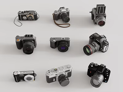 Collection Of Vintage And Modern Digital Cameras In Various Styles Displayed On Gray Background 3d model