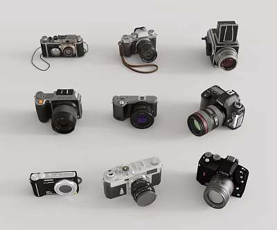 Collection Of Vintage And Modern Digital Cameras In Various Styles Displayed On Gray Background 3d model