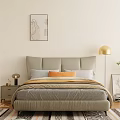 Modern Double Bed with Gray Upholstered Headboard Gray Orange Pillows Yellow Blanket and Floor Lamp