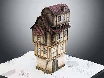 Cartoon Style Tilted Multi story House Scene With Red Roof Light Walls Windows And Snowy Ground 3d model