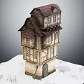 Cartoon Style Tilted Multi story House Scene With Red Roof Light Walls Windows And Snowy Ground