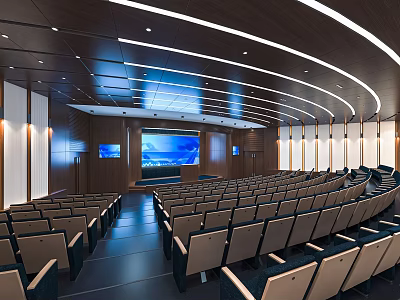 Modern Spacious Conference Room With Rows Of Seats Large Screen And Curved Ceiling Lights 3d model