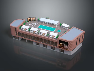 Modern Commercial Complex With Rooftop Pool Sunshade Canopies Lounger Chairs And Green Plants On Rooftop 3d model