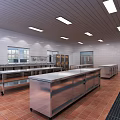 Commercial Kitchen Interior With Stainless Steel Worktables Tile Flooring Ceiling Lights And Windows 3d model