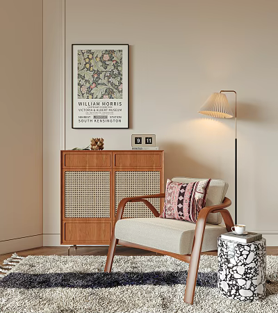 Stylish Wooden Entryway Side Cabinet With Rattan Door Accent Chair Decorative Pillow And Floor Lamp 3d model