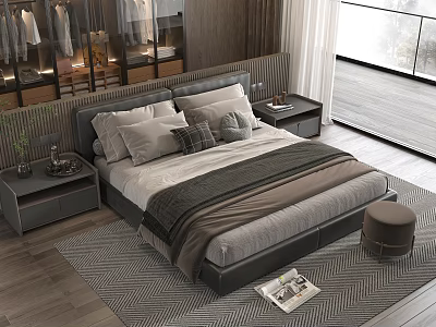 Modern Double Bed With Leather Headboard Pillows Striped Blanket Nightstands And Area Rug 3d model