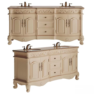 Elegant Classic Bathroom Vanity With Double Sink Carved Details Drawers And Wooden Cabinets 3d model