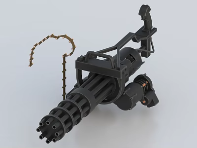 Black Gatling Gun Weapon Design With Multiple Barrels Chain And Mount 3d model
