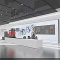 Modern Exhibition Hall Interior With White Display Stands Blue Boards And Glass Cases