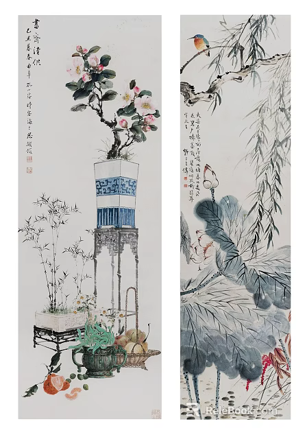 Chinese Traditional Ink Wash Painting With Flower Vase Bamboo Lotus And Willow 3d model 