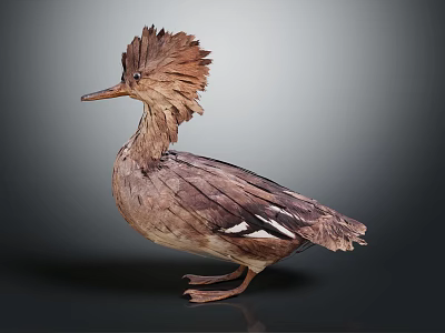 Crested Brown Bird with Unique Feather Plumage in Standing Pose Against Gray Background 3d model
