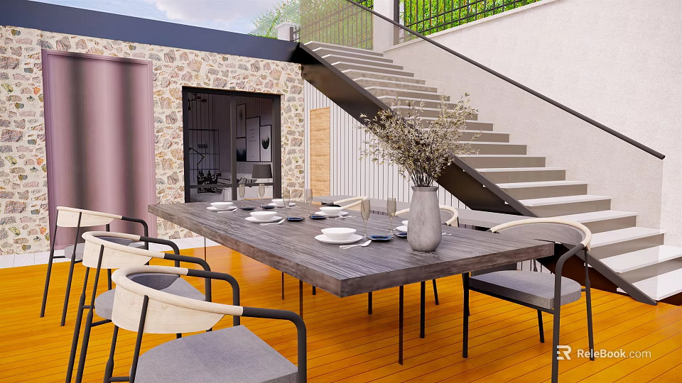 Courtyard Garden Outdoor Dining With Wooden Table White Chairs Stone Wall Staircase And Flower Arrangement 3d model 