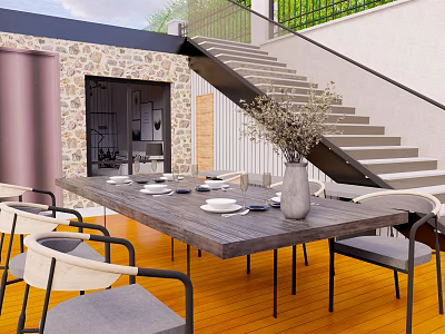 Courtyard Garden Outdoor Dining With Wooden Table White Chairs Stone Wall Staircase And Flower Arrangement 3d model