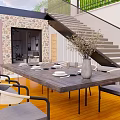 Courtyard Garden Outdoor Dining With Wooden Table White Chairs Stone Wall Staircase And Flower Arrangement