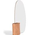 Oval Shaped Decorative Mirror with Natural Wooden Base and Light Blue Gray Background