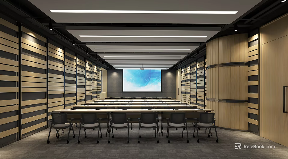 Modern Conference Room Interior With Long Tables Projection Screen Wooden Walls And Ceiling Lights 3d model 
