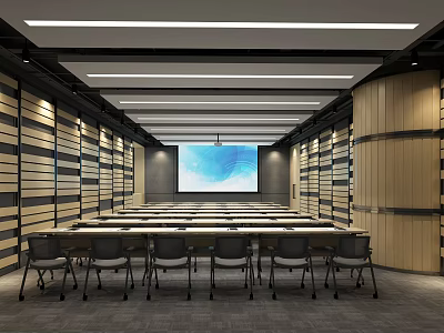 Modern Conference Room Interior With Long Tables Projection Screen Wooden Walls And Ceiling Lights 3d model