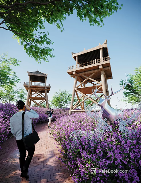 Road Facilities With Wooden Observation Towers Purple Flower Bushes And Pedestrians On Path 3d model 