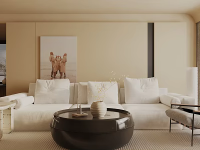 Modern Minimalist Living Room Interior With White Sofa Black Round Coffee Table And Wall Art 3d model